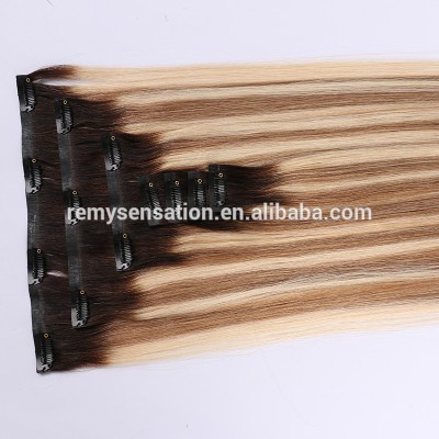 Human hair extension blonde double drawn seamless clip in dark root ombre piano color hair extension